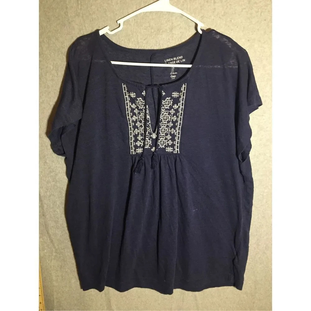 Womens Gap Blouse Boho Beachy Lagenlook Bohemian Navy Blue Embroidery Linen